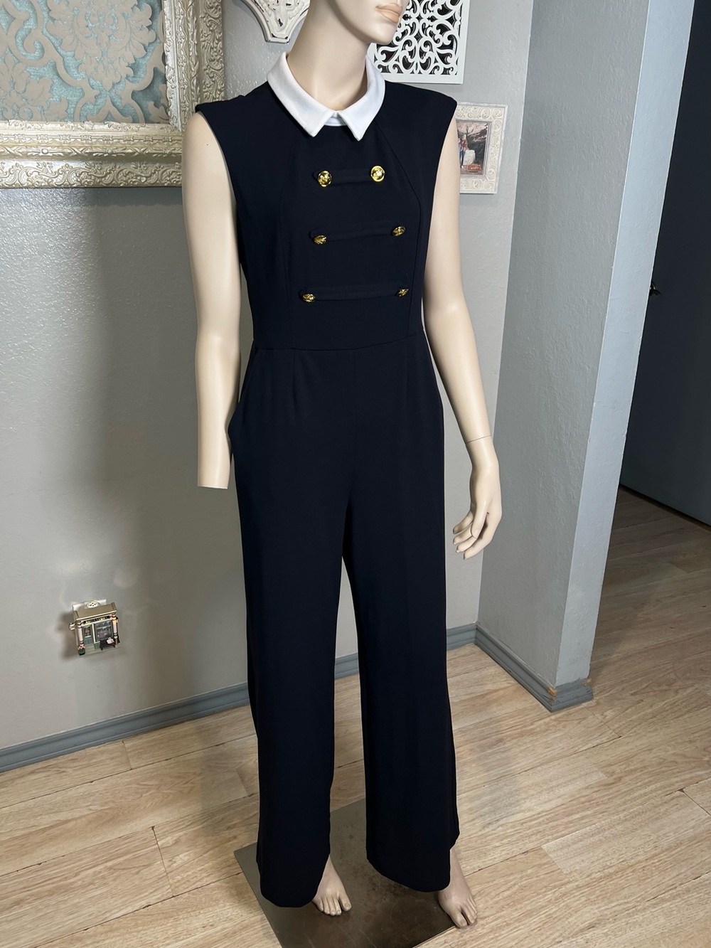 Shelby & Palmer Navy Blue Sleeveless Jumpsuit with White Collar and Gold Buttons - Picture 8 of 12